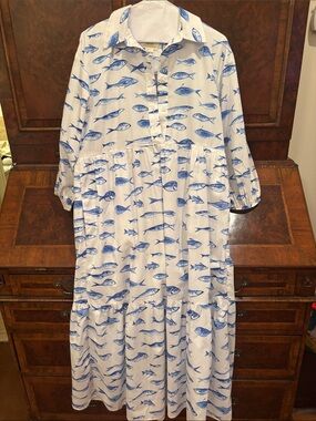 Anthropologie White Cotton Midi Dress with Blue Fish Print